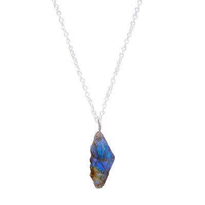 Raw Labradorite Pendant with silver-plated brass – Natural Blue Flash Gemstone Jewelry