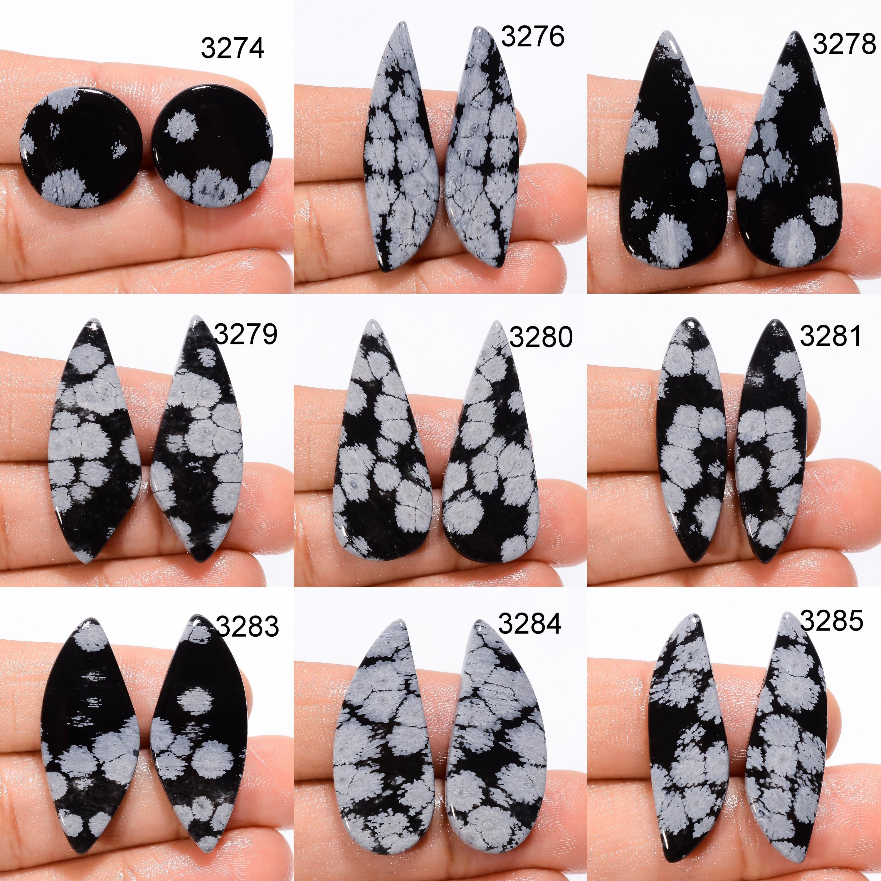 Snowflake Obsidian Gemstone Pair, Natural Obsidian Cabochon Pair, Designer Snowflake Matched Gemstone Pair For Earring J - image 3