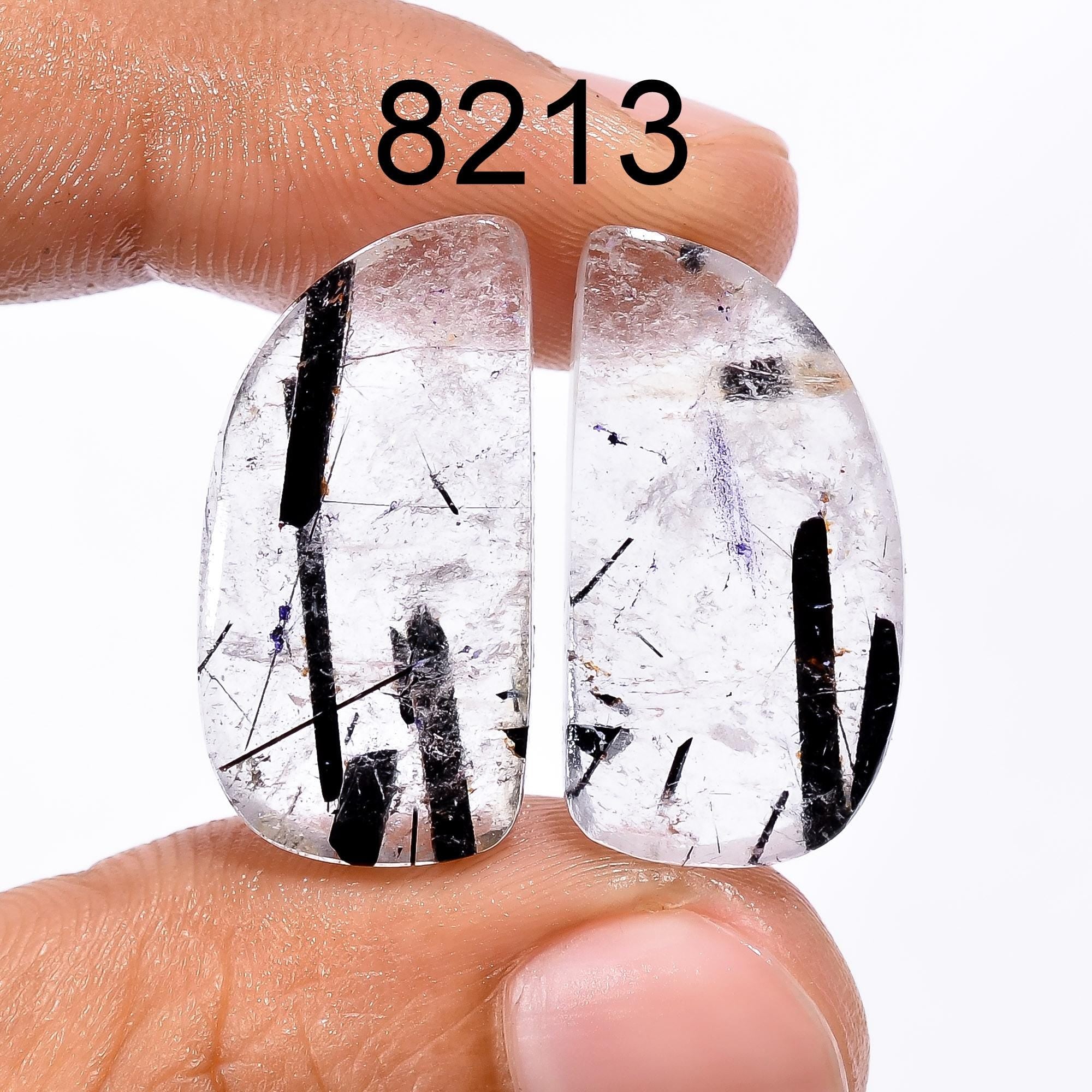 AAA Black Rutile Quartz Cabochon Pair, Natural Tourmaline Gemstone - image 3