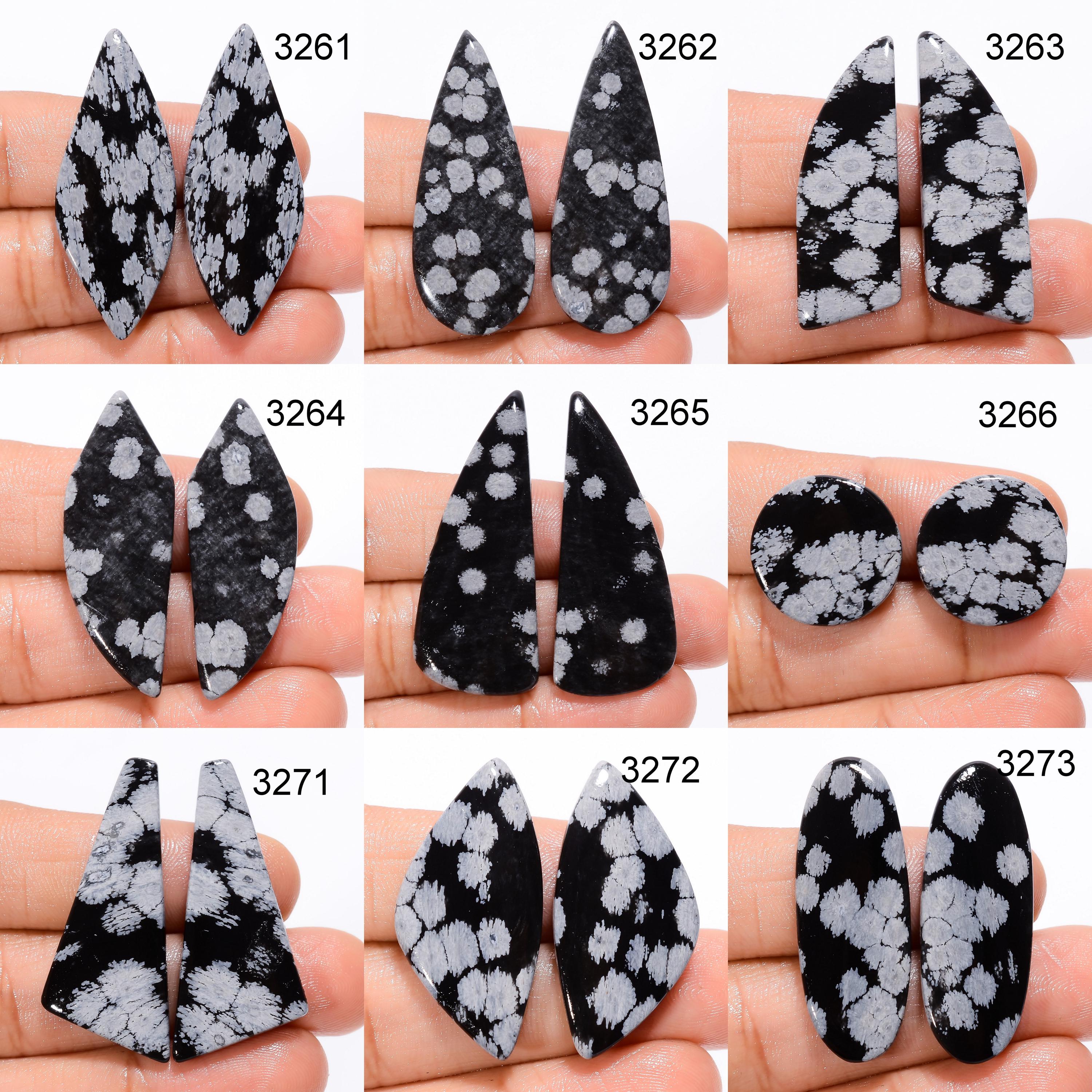 Snowflake Obsidian Gemstone Pair, Natural Obsidian Cabochon Pair, Designer Snowflake Matched Gemstone Pair For Earring J - image 2