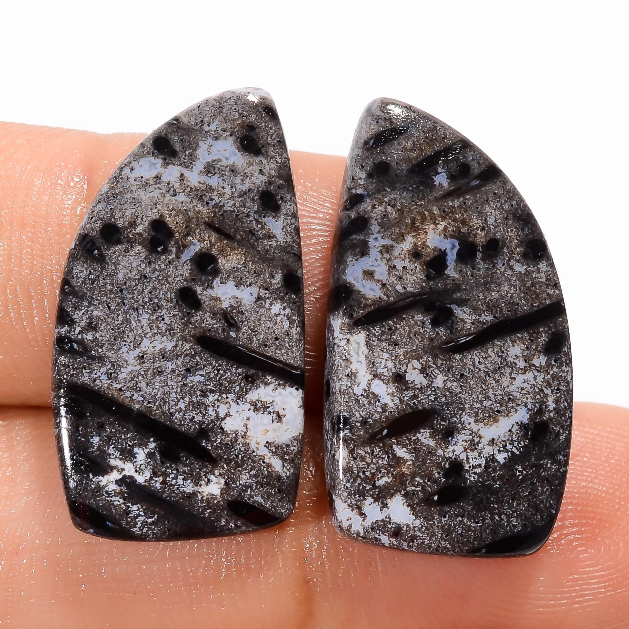 Black Palm Root Agate Gemstone Cabochon Pair, AAA Quality, 25 Ct - image 2