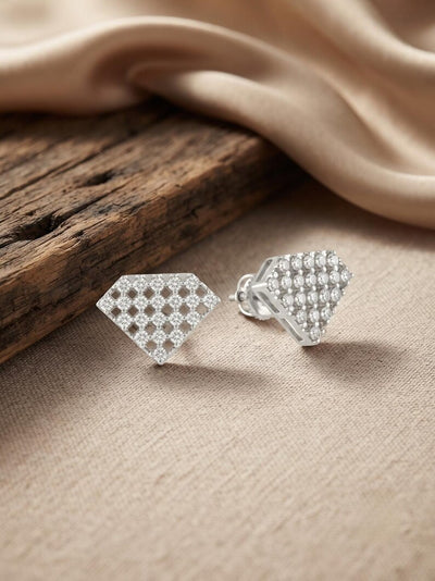 Fan Shaped Pave Triangle Stud Earrings — 925 Sterling Silver Lattice CZ Studs, Gift For Girlfriend