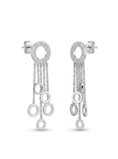 Multi-Layer Circle Chain Drop Earrings — 925 Sterling Silver Cascading CZ Dangle, Gift For Wife, Girlfriend