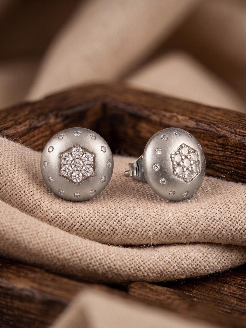 Rose Gold Plated Sterling Silver Dome Stud Earrings with Cubic Zirconia Cluster,925 Sterling Silver Earring, Gift For Her, Everyday Earring