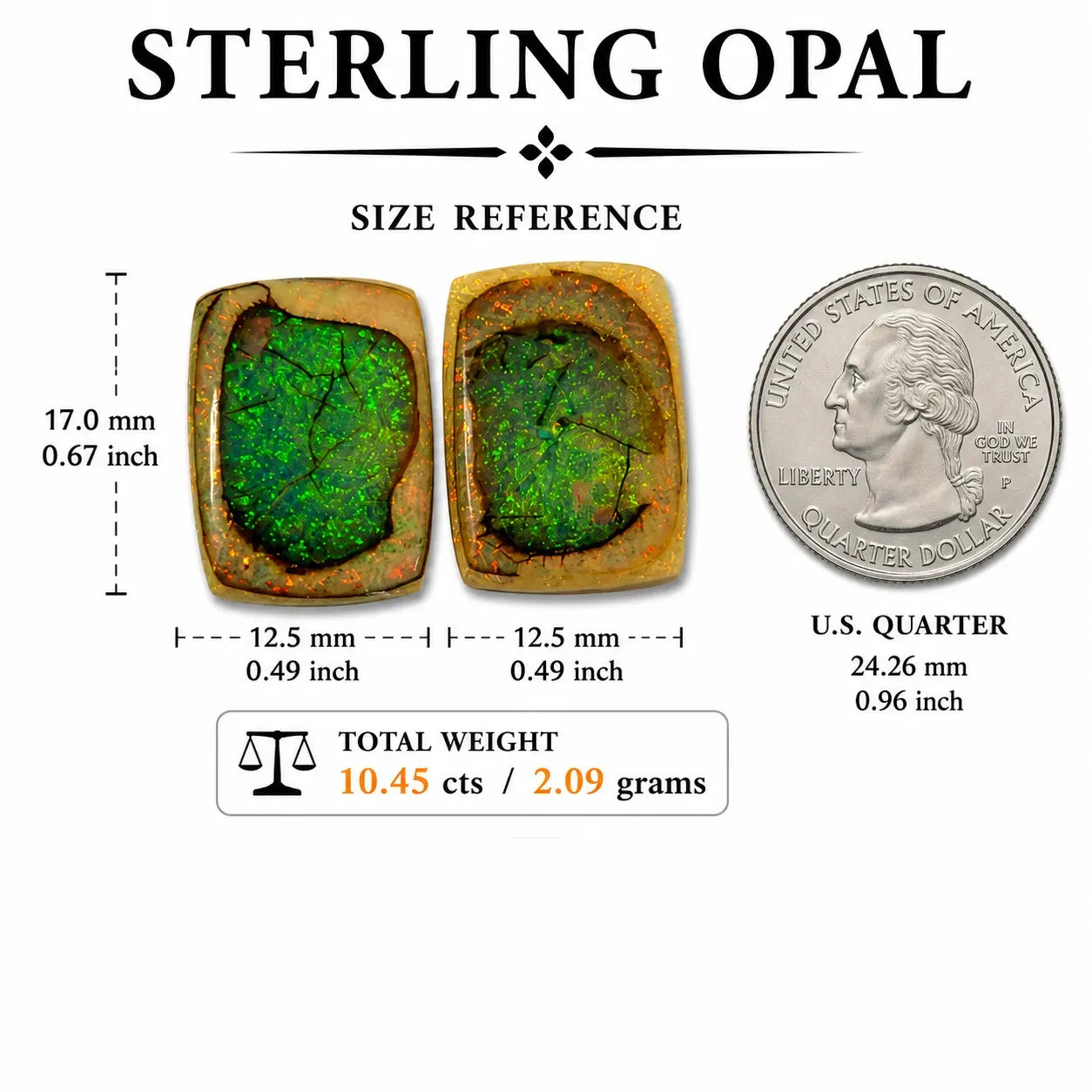 Octagon Monarch Opal Cabochon size comparison with quarter coin, 13x18mm, 10 cts