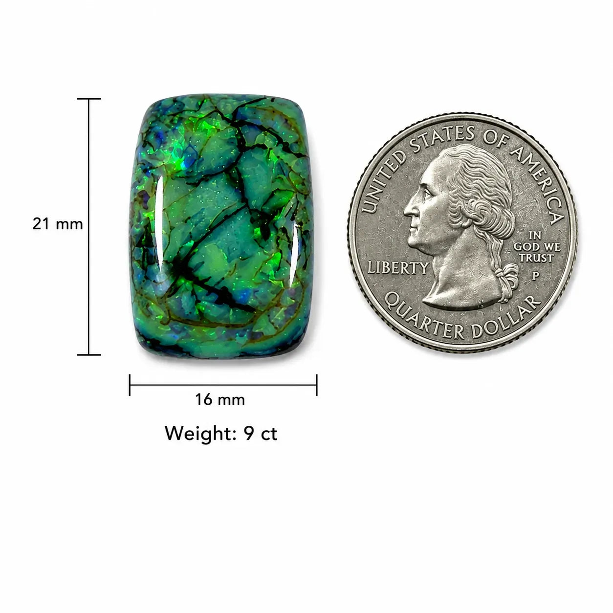 Octagon Monarch Opal Cabochon size comparison with quarter coin, 21x16mm, 9 cts