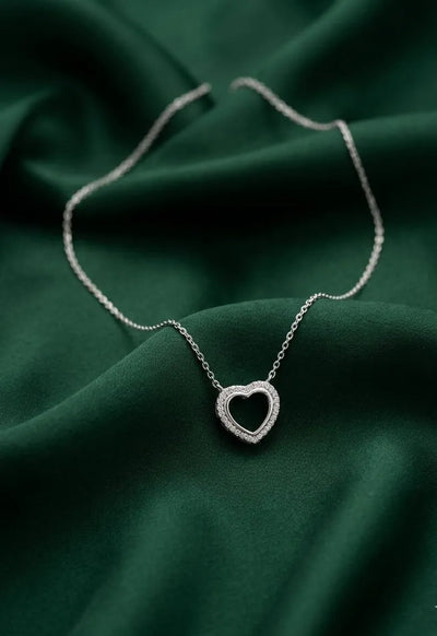 Pavé Heart Outline Necklace in Silver, Minimalist Boho Pendant, 925 Sterling Silver, Everyday Gift for Girlfriend