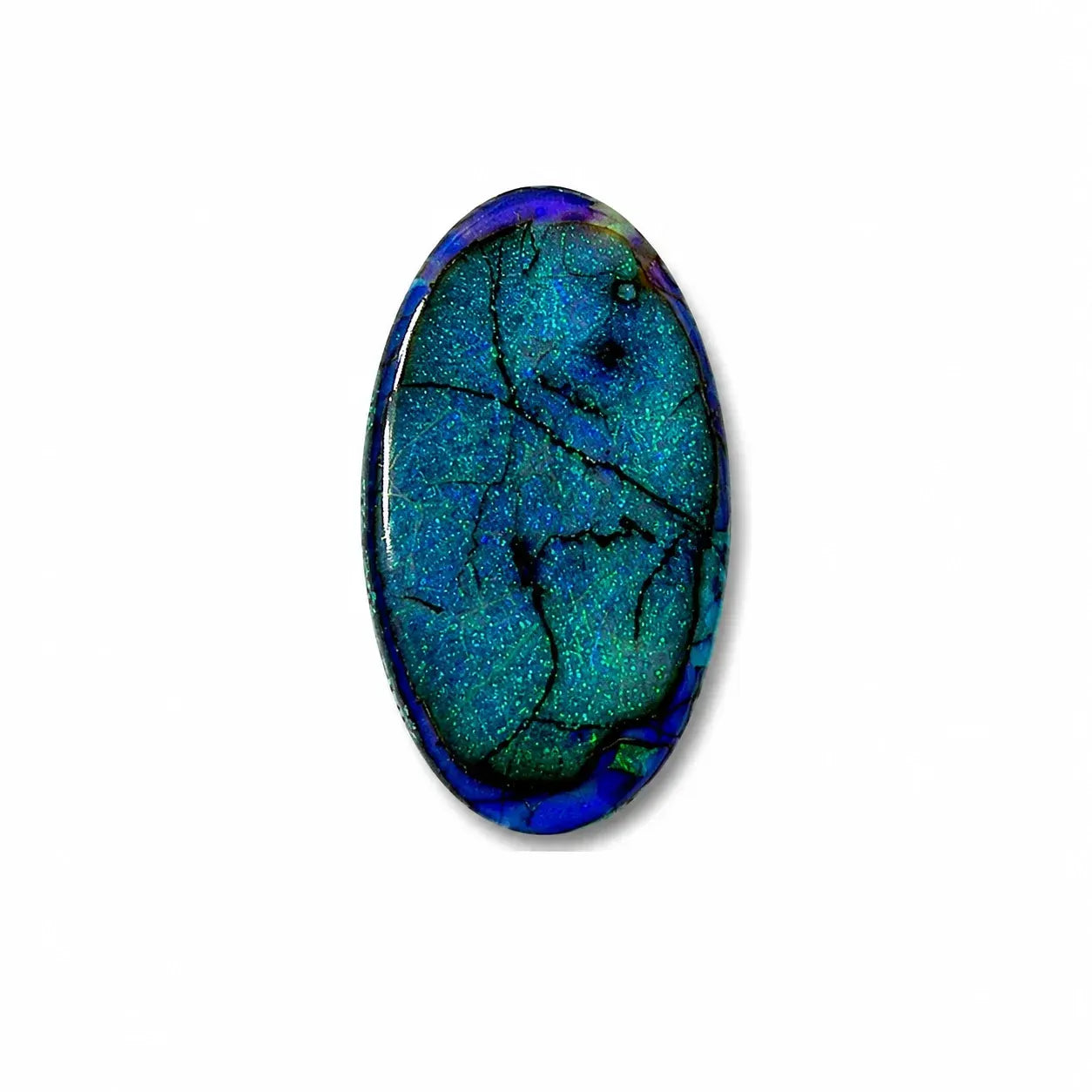 An oval cabochon gemstone featuring a vibrant blue and green iridescent play-of-color pattern with dark veining, set against a plain white background.