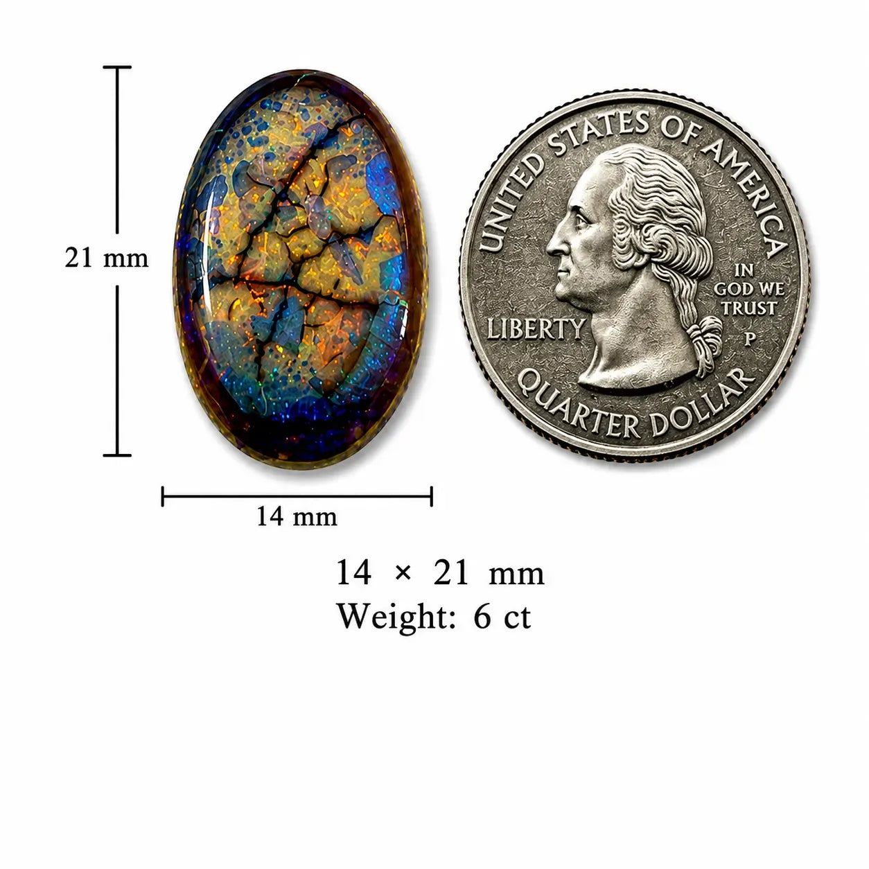 Oval Sterling Opal Cabochon size comparison with quarter coin, 14x21mm, 6 cts