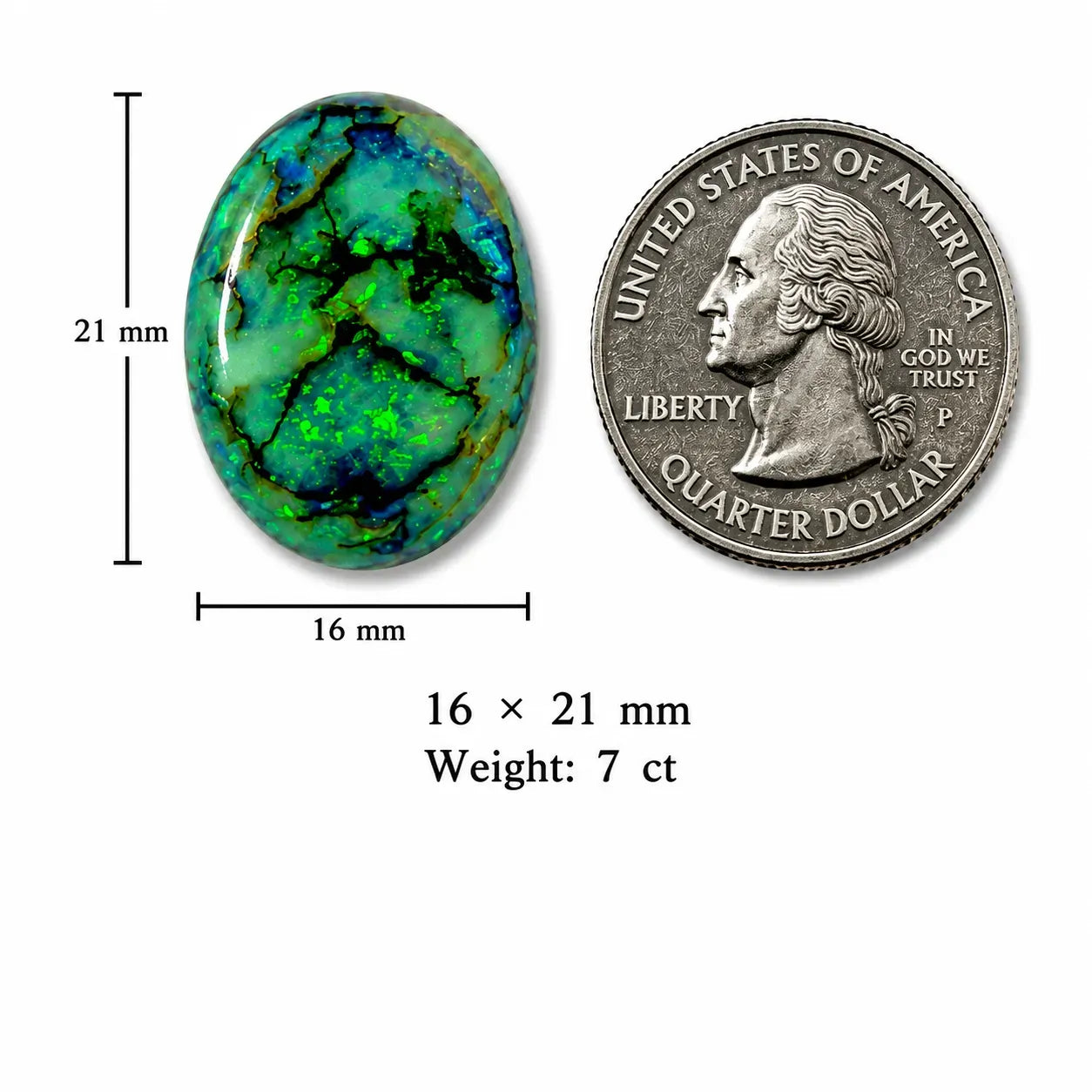Oval Sterling Opal Cabochon size comparison with quarter coin, 16x21mm, 7 cts