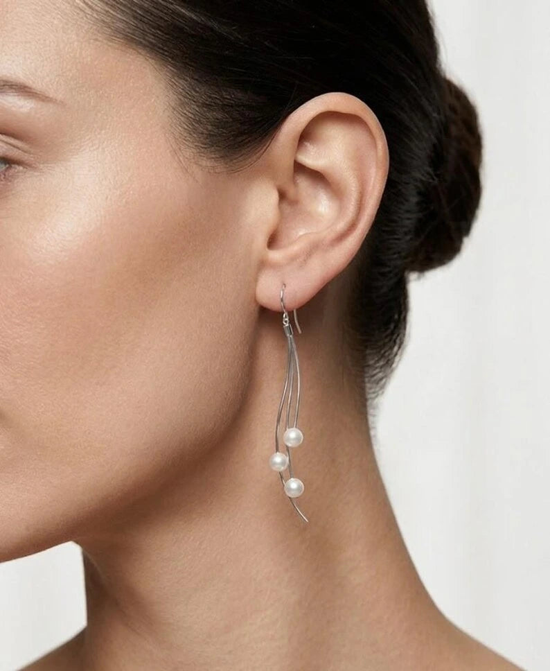 Pearl Wave Dangle Earrings — 925 Sterling Silver Pearl Drop Earrings, Modern Bridal Threader Style