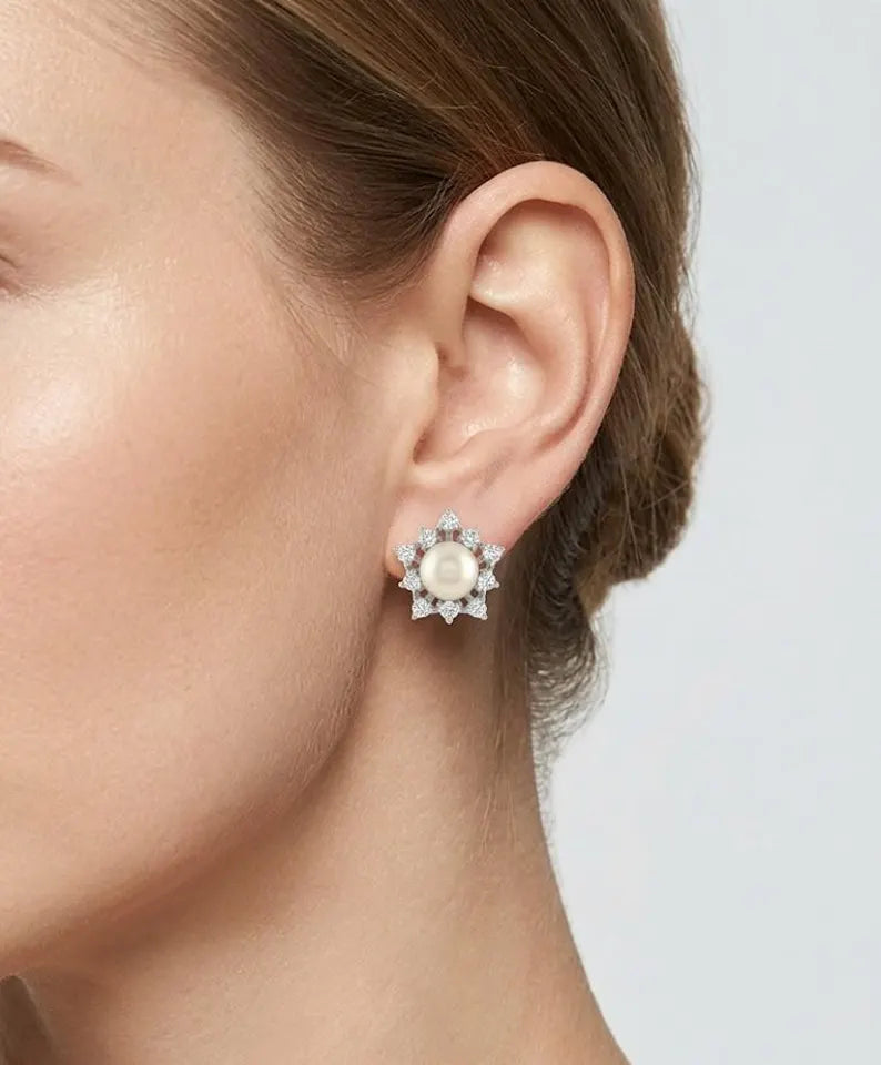 Pearl Stud Earrings with Starburst CZ Halo — 925 Sterling Silver Bridal Pearl Studs, Gift For Wife