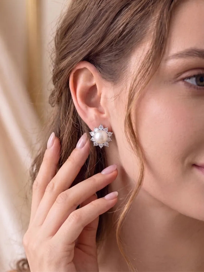 Pearl Stud Earrings with Starburst CZ Halo — 925 Sterling Silver Bridal Pearl Studs, Gift For Wife