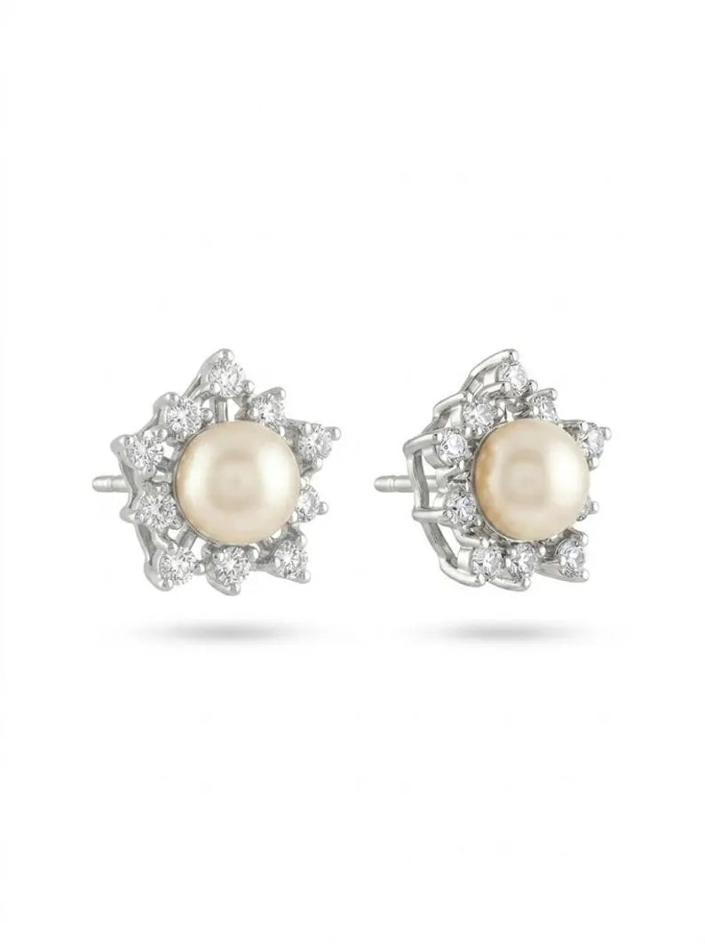 Pearl Stud Earrings with Starburst CZ Halo — 925 Sterling Silver Bridal Pearl Studs, Gift For Wife