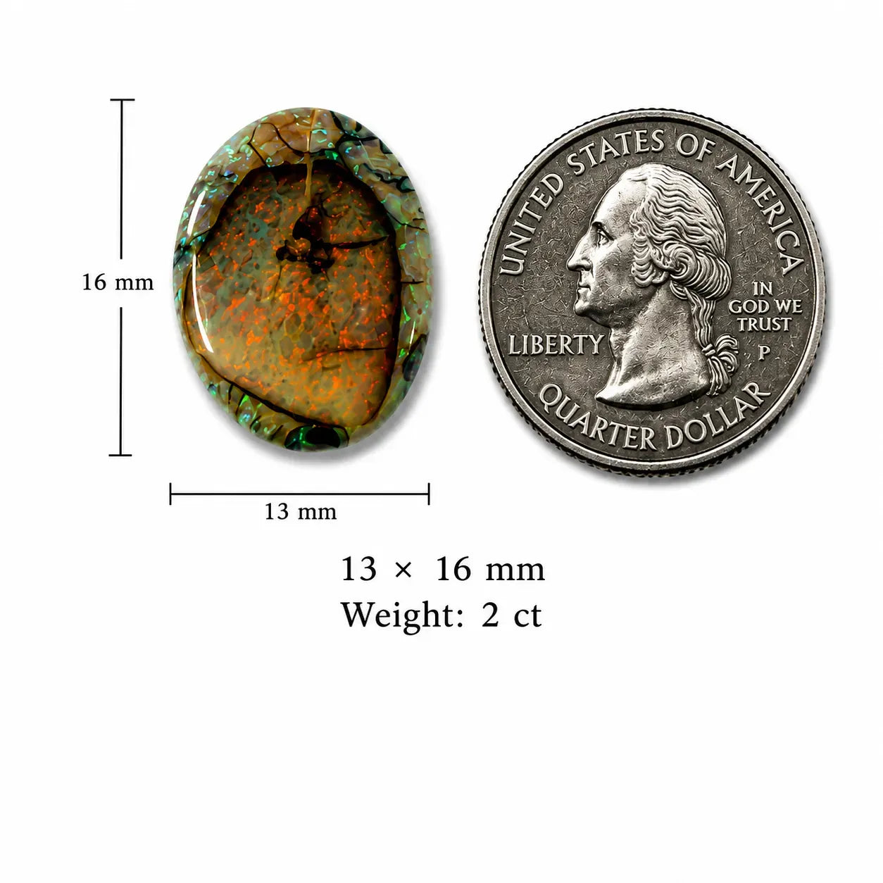 Angled view of Monarch Opal Cabochon showing fire and play-of-color