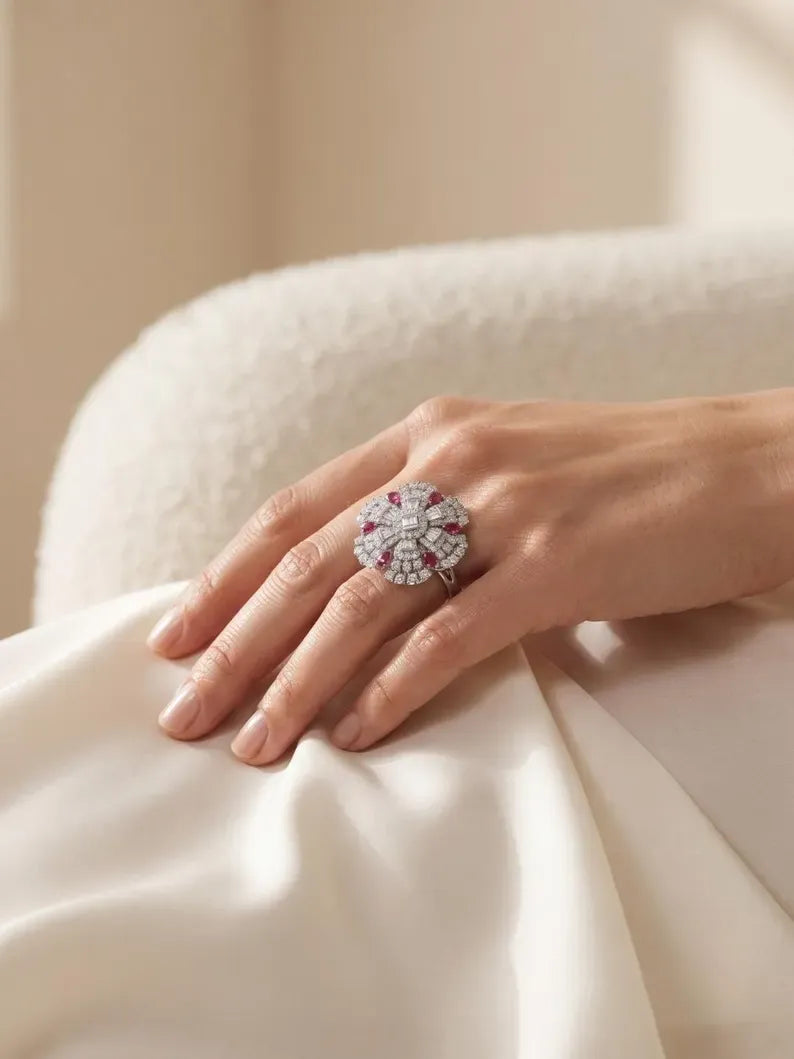 925 sterling silver rings: vintage-style floral cluster cocktail ring with pink CZ