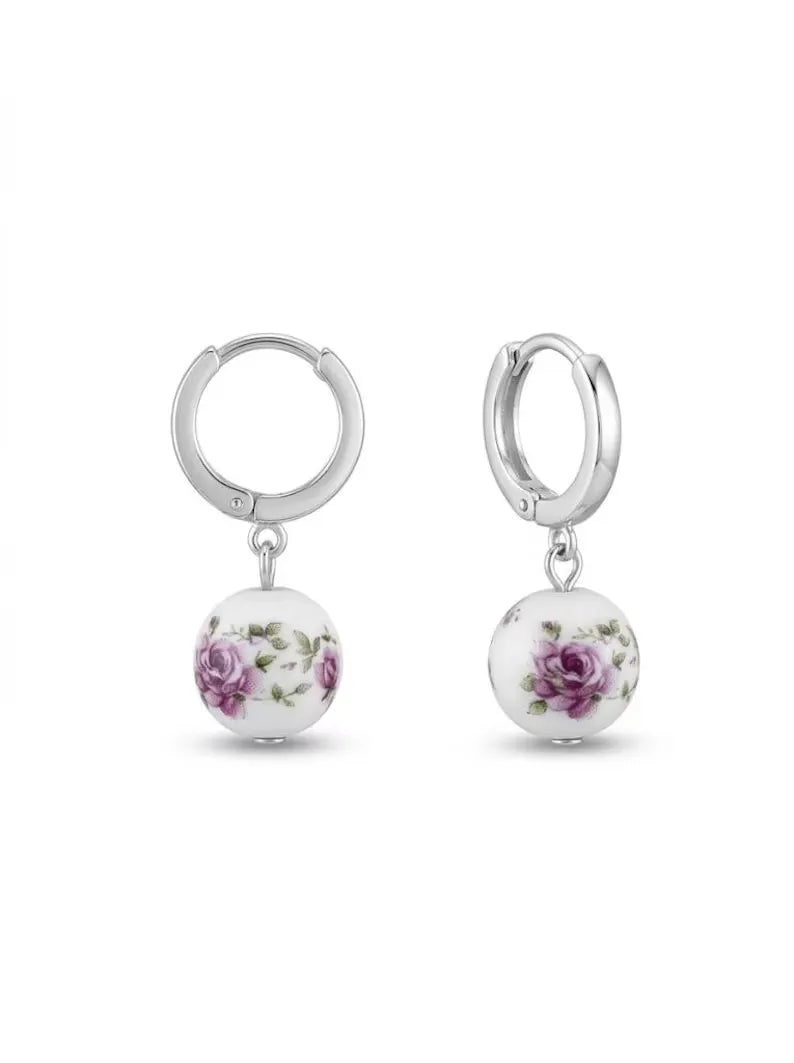 Floral Ceramic Bead Hoop Drop Earrings — 925 Sterling Silver Huggie Hoops, Porcelain-Style Rose Print