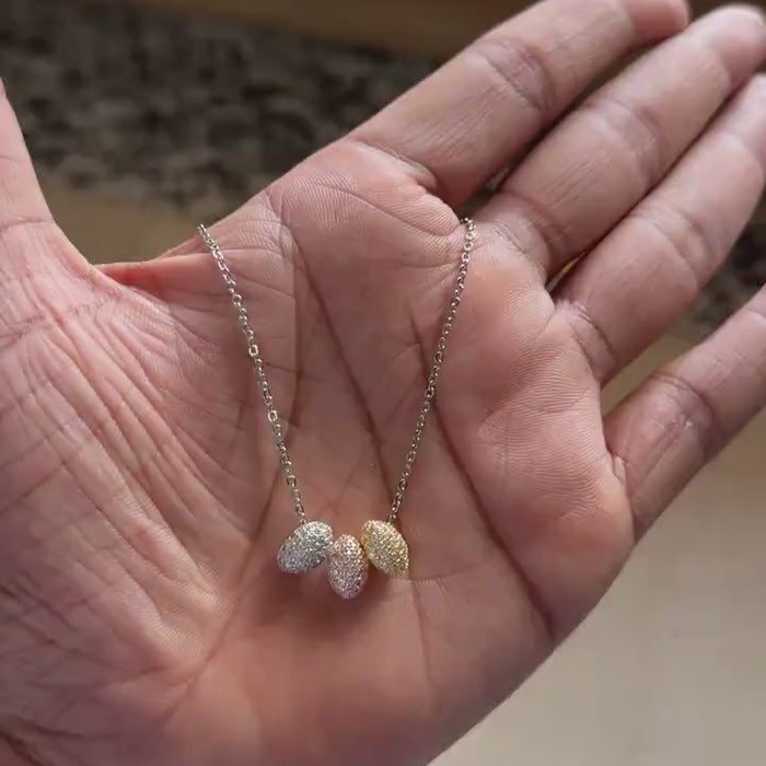 Tri tone bead necklace in gold, rose gold and silver with zircon
