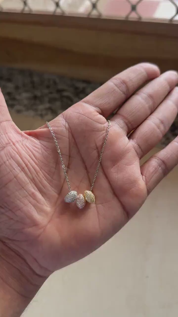 Tri tone bead necklace in gold, rose gold and silver with zircon