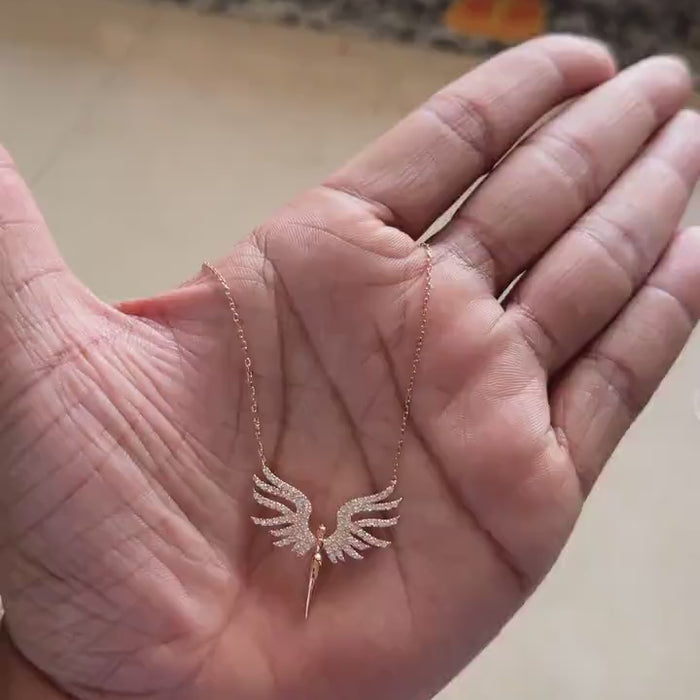 Rose gold angel wing pendant necklace with zircon stones