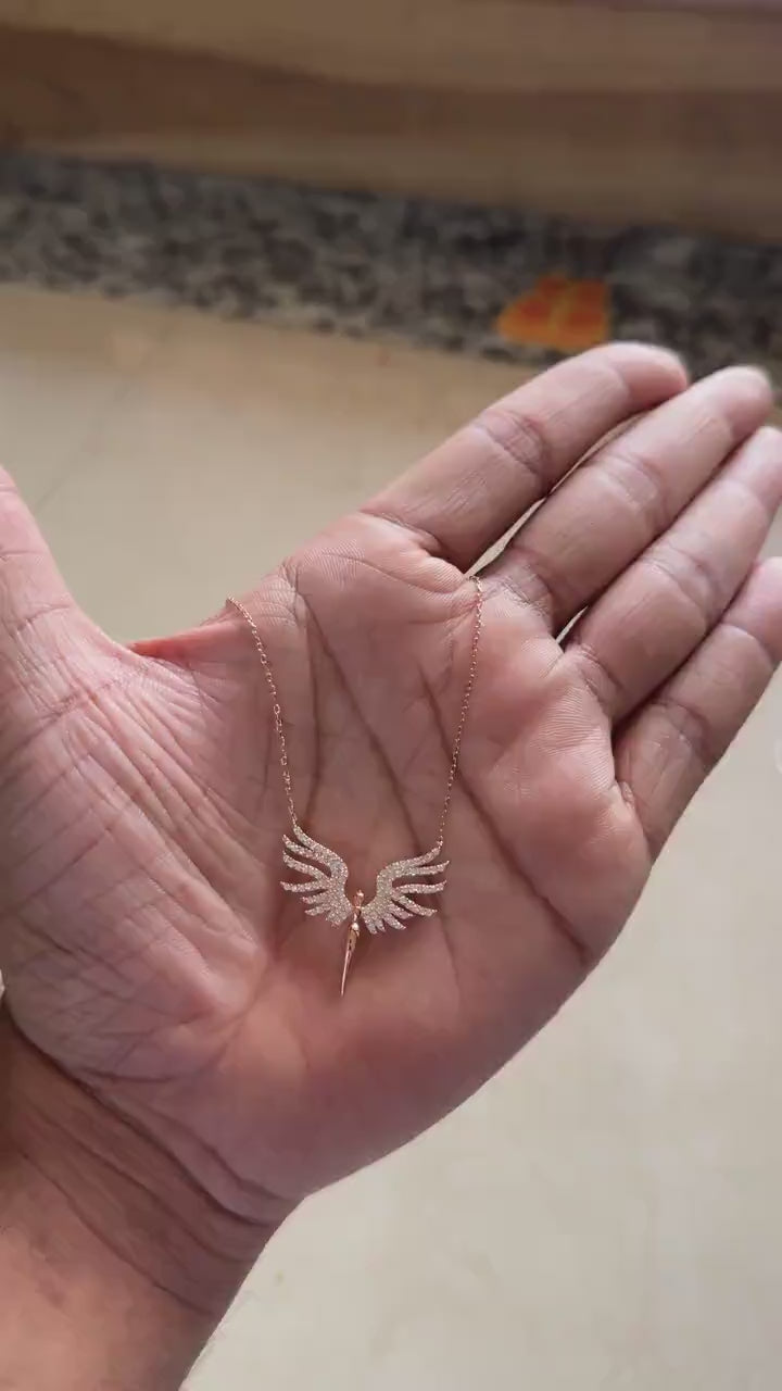 Rose gold angel wing pendant necklace with zircon stones