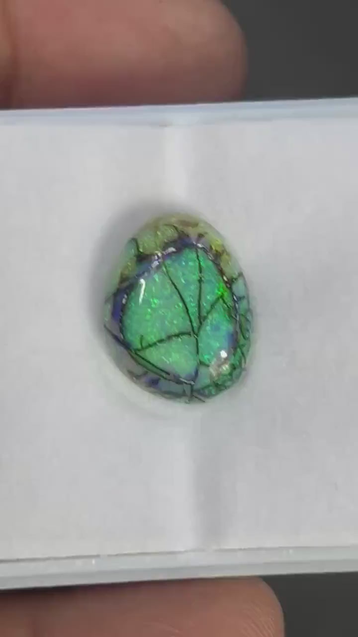 Video showcasing fire and color play in Fancy Shape Treated Opal Cabochon