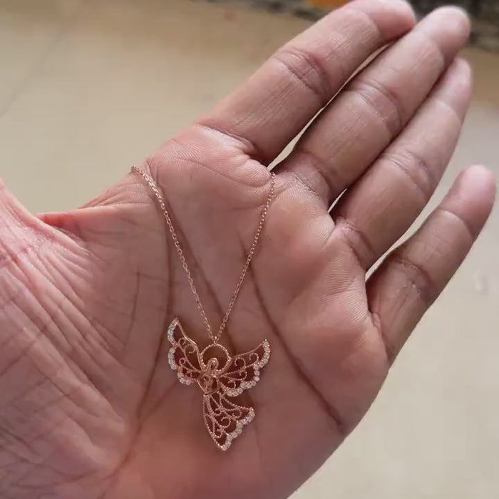 Rose gold filigree angel necklace with zircon stones