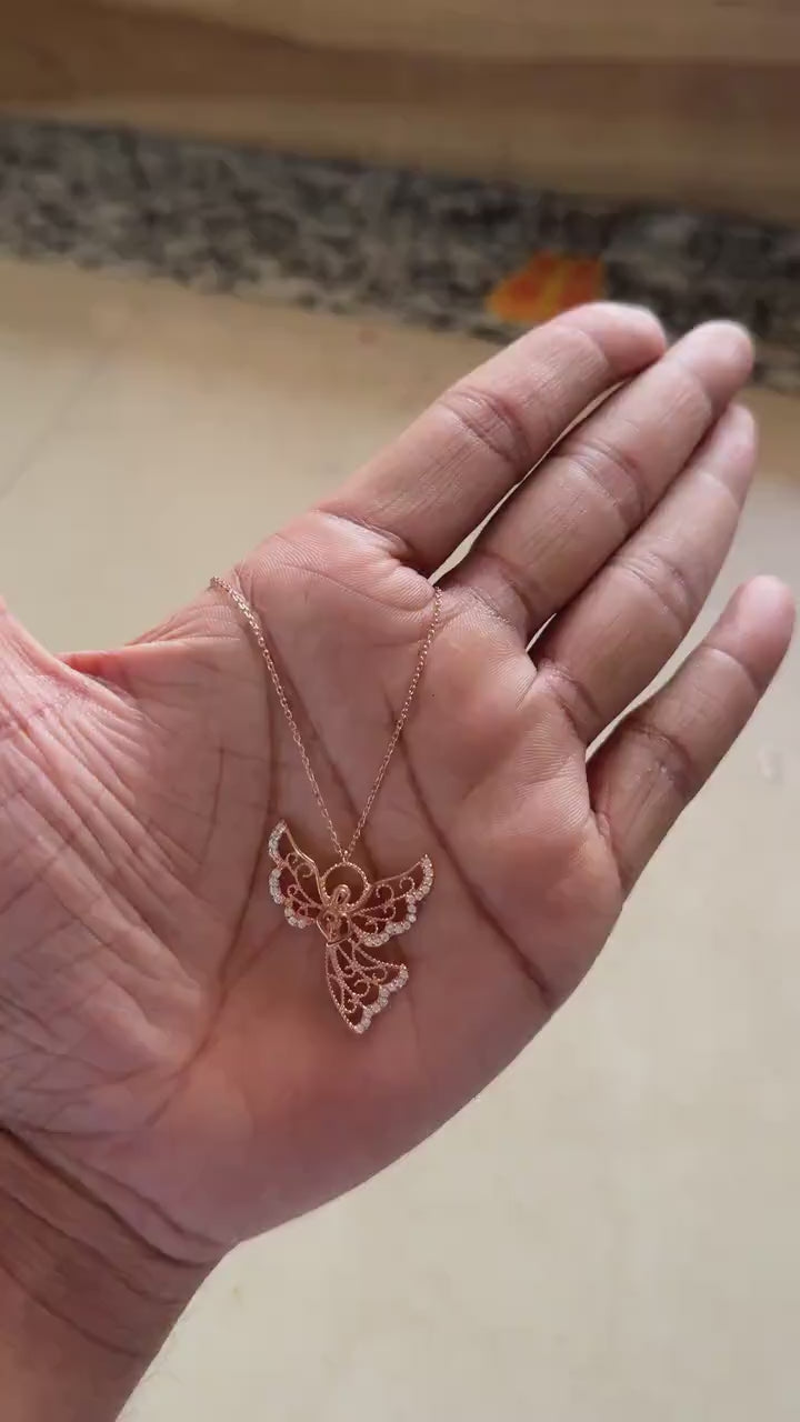 Rose gold filigree angel necklace with zircon stones