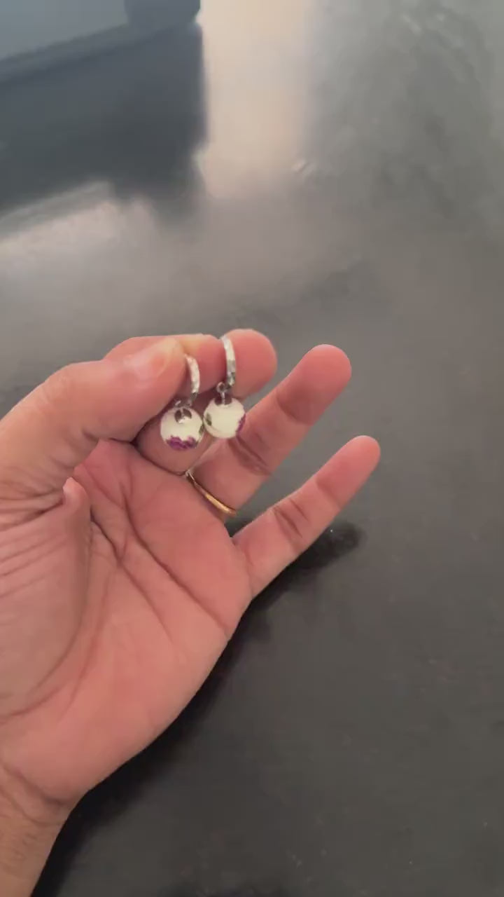 Floral Ceramic Bead Hoop Drop Earrings — 925 Sterling Silver Huggie Hoops, Porcelain-Style Rose Print