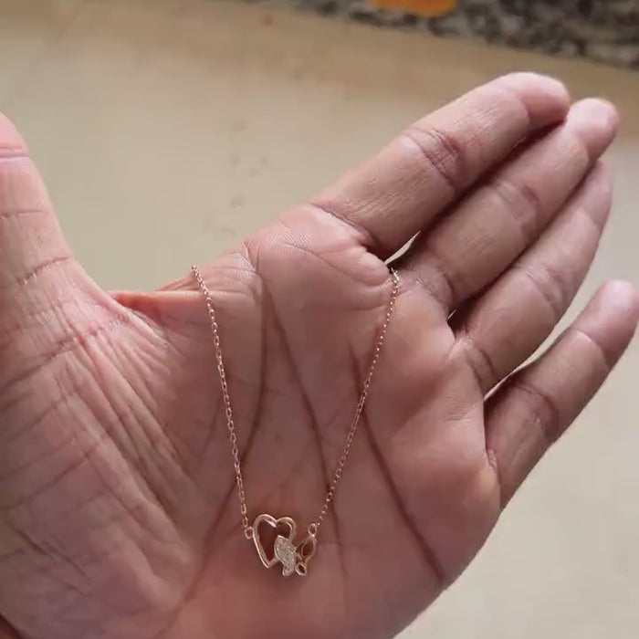 Rose gold heart and butterfly pendant necklace with zircon