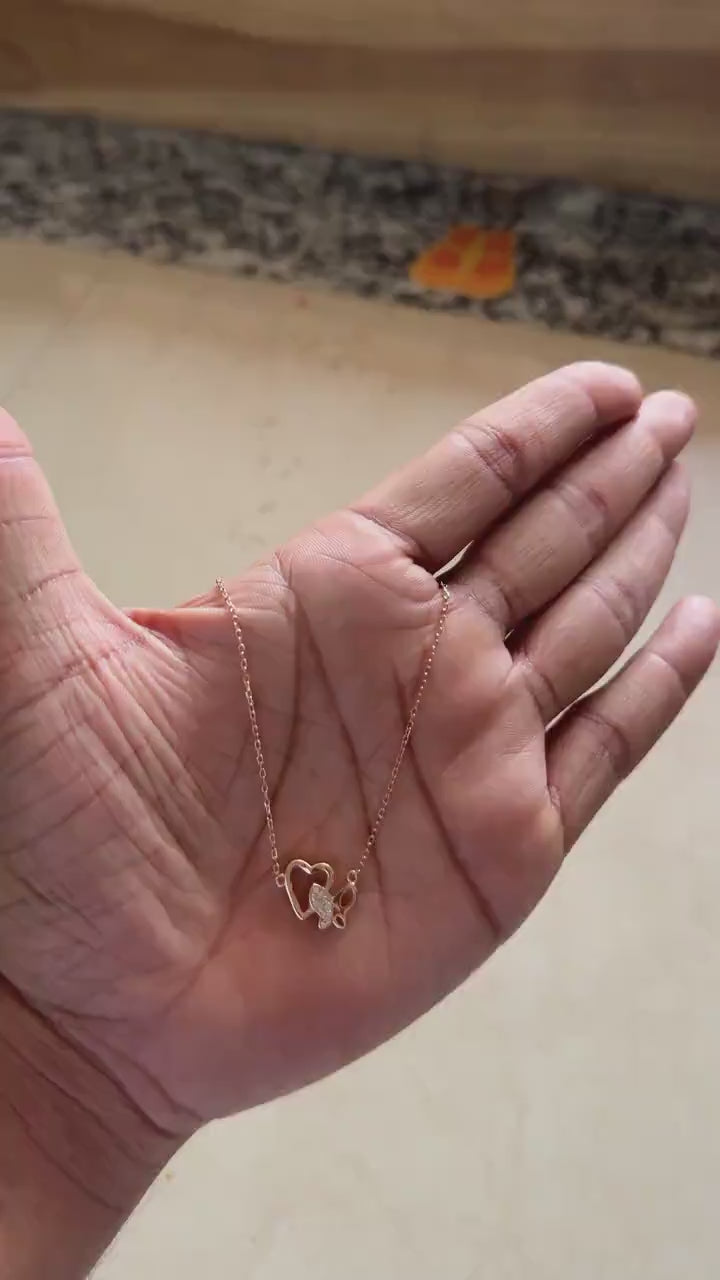 Rose gold heart and butterfly pendant necklace with zircon