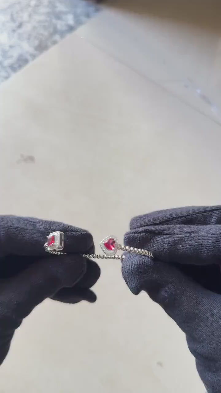 Sterling Silver Heart Square Ruby Zircon Bangle Bracelet Elegant Romantic Jewelry