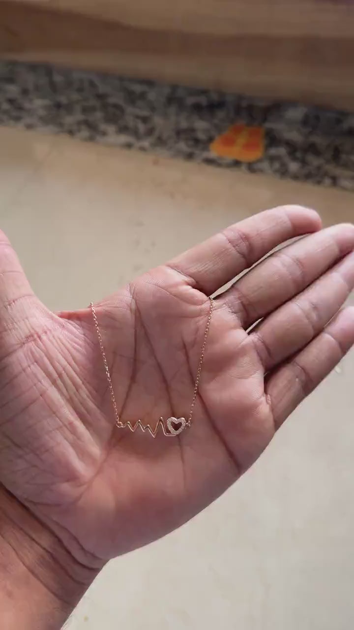 Rose gold heartbeat ECG line necklace with zircon heart