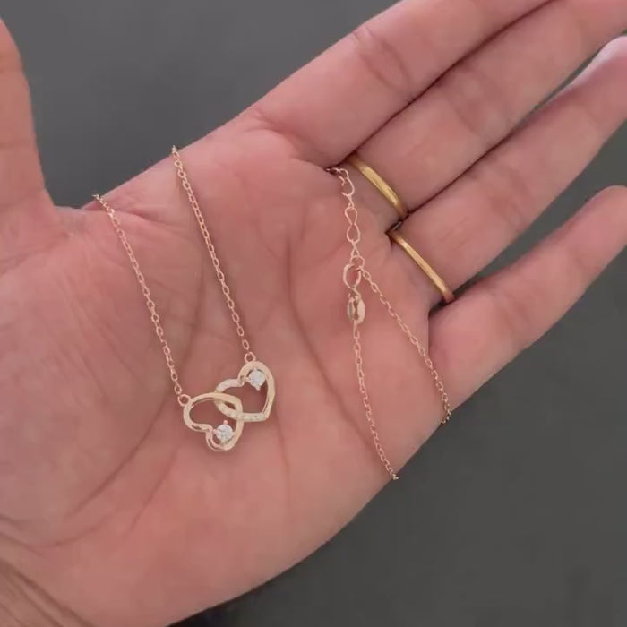 Gold Tone Interlocking Heart Necklace Crystal Accents, 925 Sterling Silver, Adjustable, Everyday Jewelry