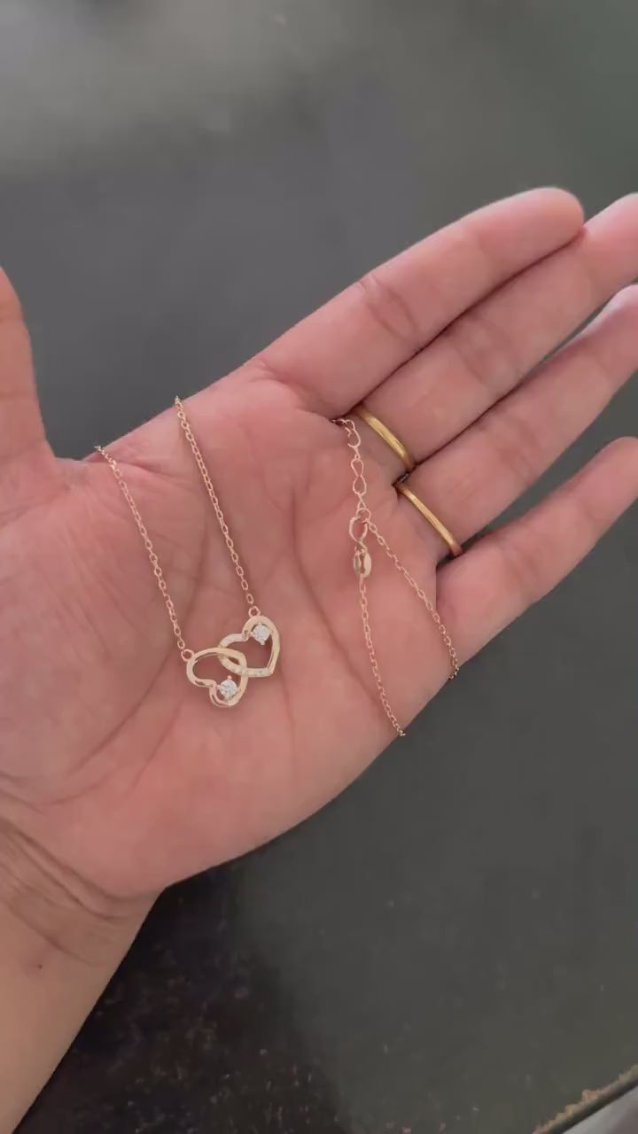 Gold Tone Interlocking Heart Necklace Crystal Accents, 925 Sterling Silver, Adjustable, Everyday Jewelry