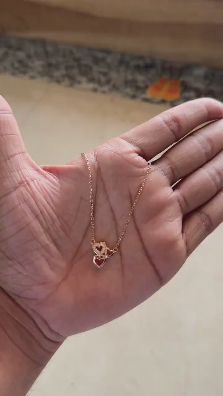 Rose Gold Triple Heart Necklace with Zircon Accent, Layered Dainty Pendant, 925 Sterling Silver Gift For Wife