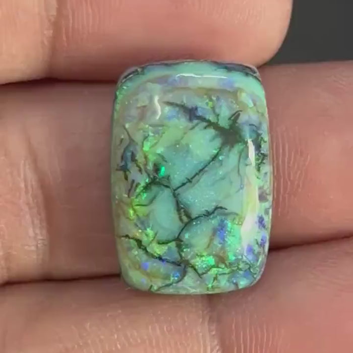 Video showing play-of-color and fire of Octagon Monarch Opal Cabochon from multiple angles