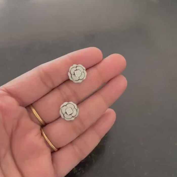 Layered Flower Design Stud Earrings, 925 Sterling Silver & CZ - Matte Brushed Finish Gift for Wife