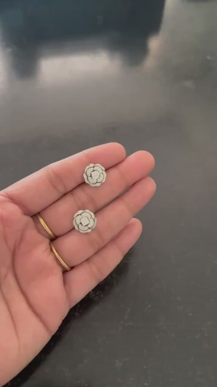 Layered Flower Design Stud Earrings, 925 Sterling Silver & CZ - Matte Brushed Finish Gift for Wife