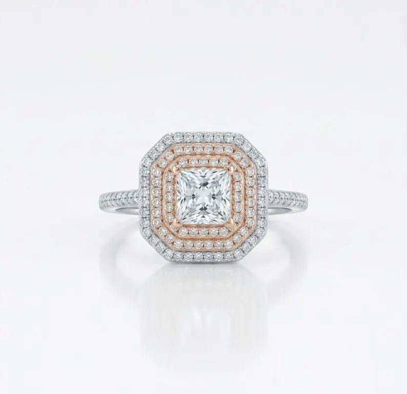 Princess Cut Double Halo Ring with Pavé Band