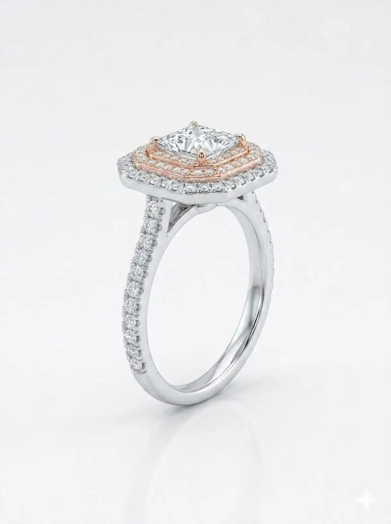 Princess Cut Halo Engagement Ring with Double Halo Design