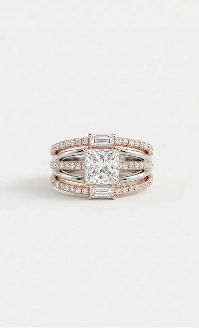 Front view of 925 sterling silver two tone princess cut cocktail ring with wide pave band