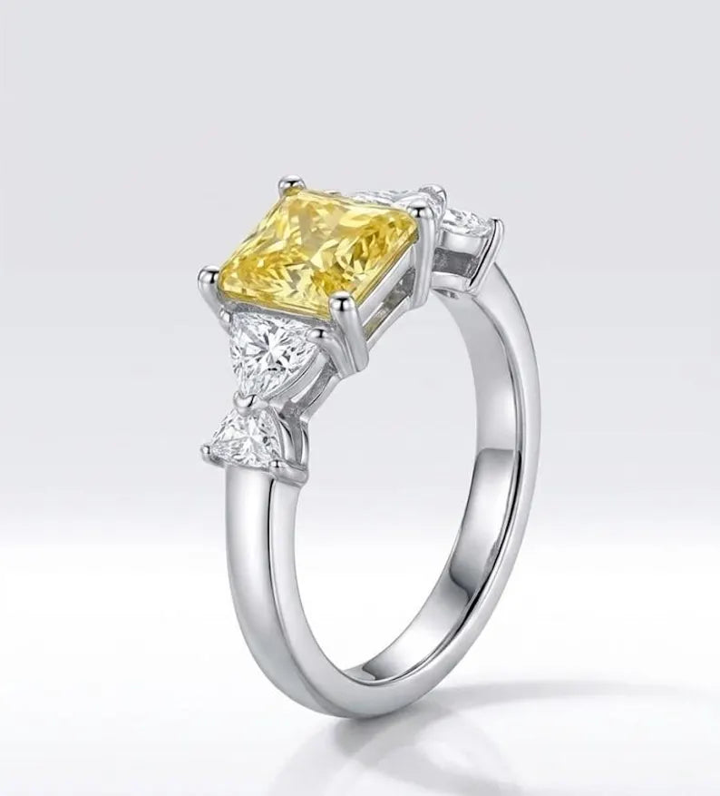 Radiant Cut Yellow Canary Cubic Zirconia Ring with Trillion Side Stones