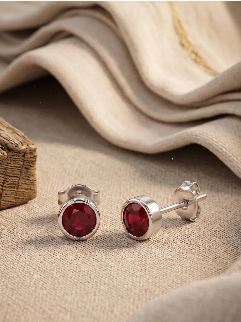 Round Ruby-Look Stud Earrings — 925 Sterling Silver Bezel Set Red Stone Studs, Everyday Jewelry