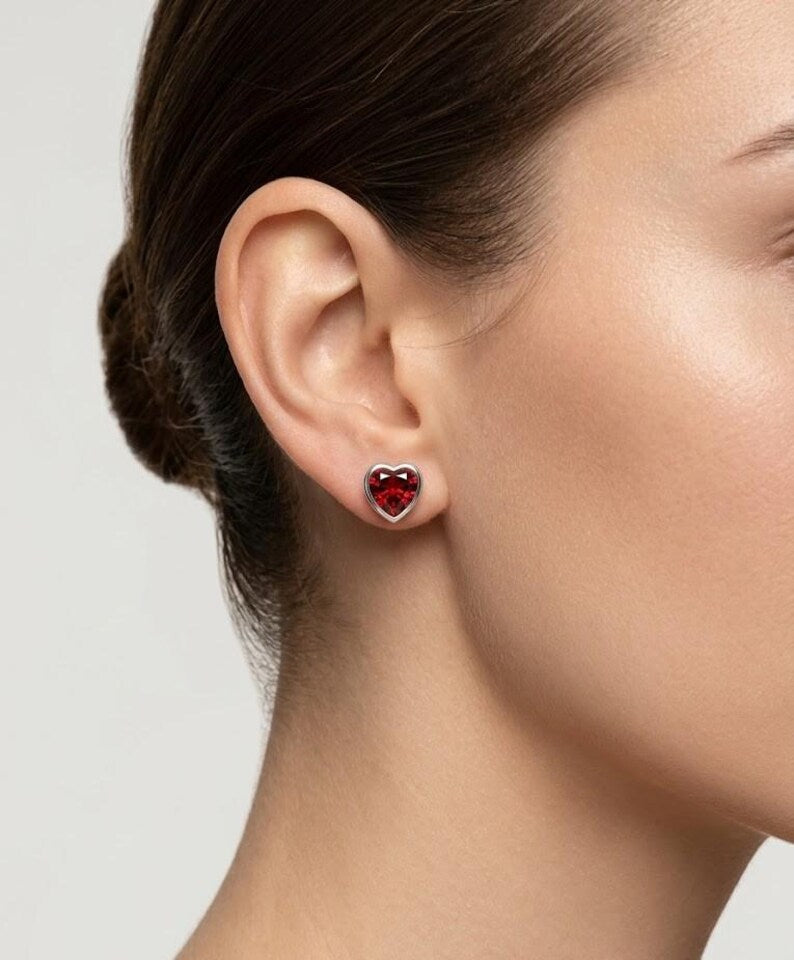 Red heart stud earrings, ruby-look stone in 925 sterling silver