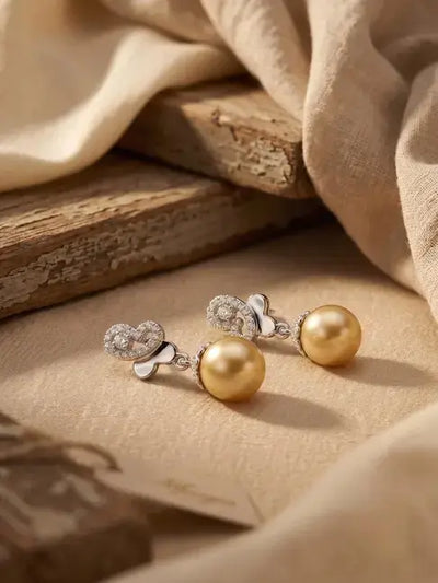 Diamond Stud Pearl Drop Earrings — 925 Sterling Silver Bridal Dangle, Ribbon Top with Pearl