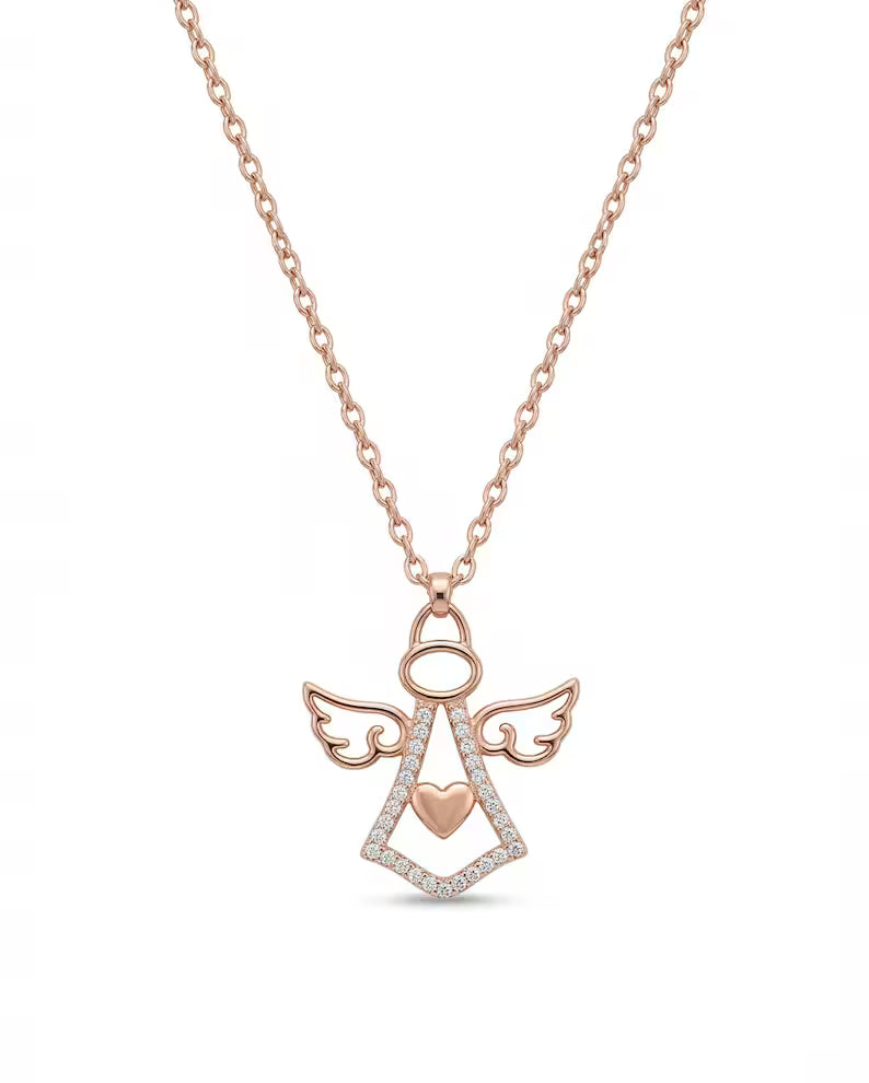 A rose gold angel pendant necklace with a halo, wings, and a central heart outlined with small clear stones, shown on a clean white background.