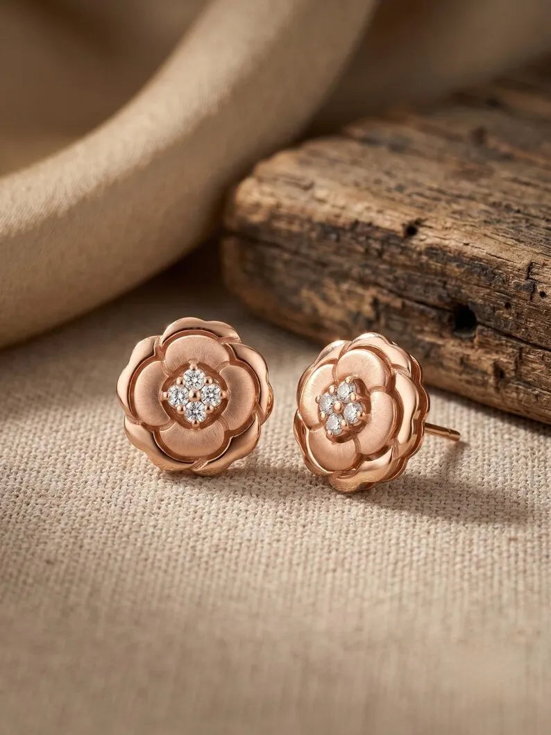 Sterling Silver Rose Flower Stud Earrings – Hypoallergenic CZ Studs for Women