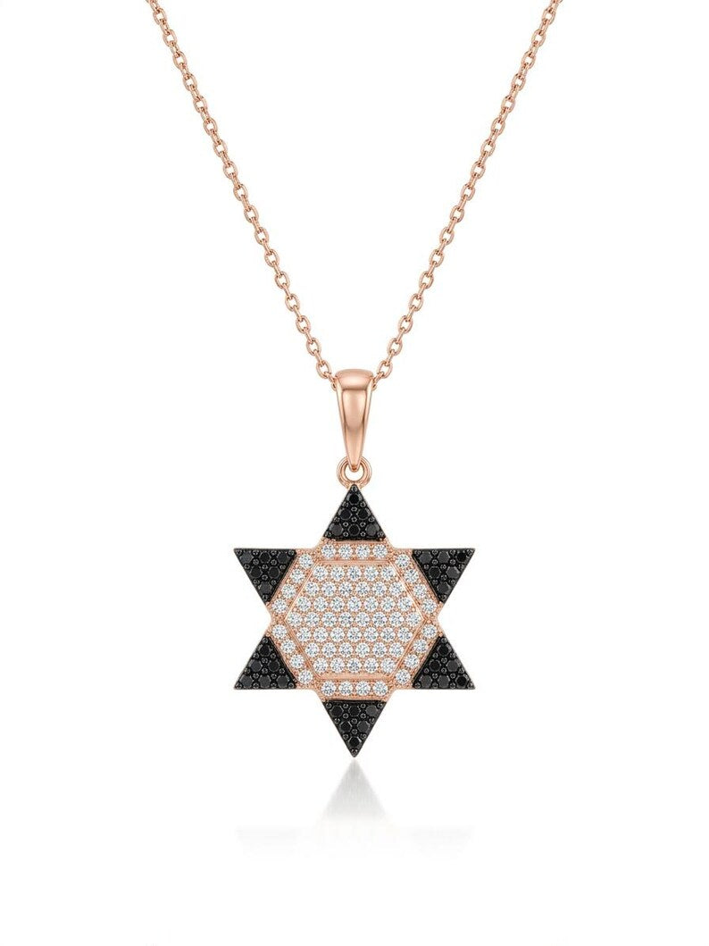 A rose gold Star of David pendant necklace with black and white pavé accents, shown on a clean white background.