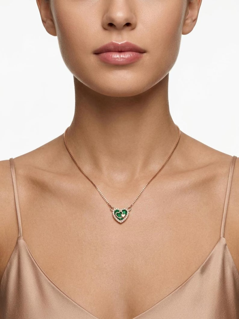 Rose gold green heart necklace on women